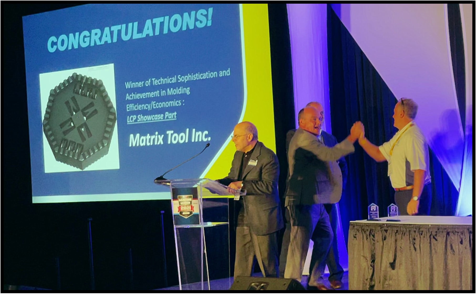 Image of Matrix Tool Winning the Plastics Technology Hot Shots contest - The parts contest was broken down into two main categories: technical sophistication and high efficiencies/economics - Matrix Tool’s lone entry won both awards!