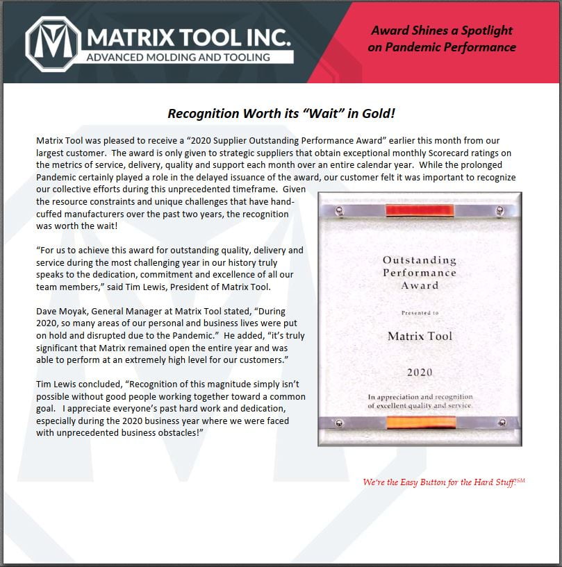 Supplier Receives Outstanding Performance Award Matrix Tool