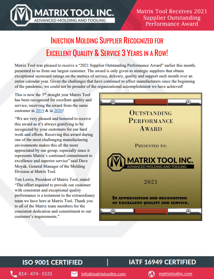 Matrix Tool Wins Supplier Outstanding Performance Award for 3 years in a row
